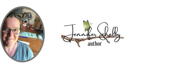 a signature line has a picture of a woman wearing glasses in front of a writing desk. The words Jennifer Shelby author entangle a stick with a green butterfly resting on it